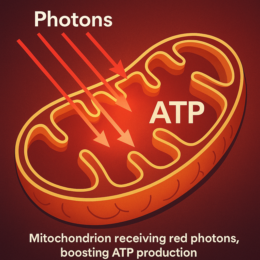  Mitochondrion receiving red photons, boosting ATP production.

